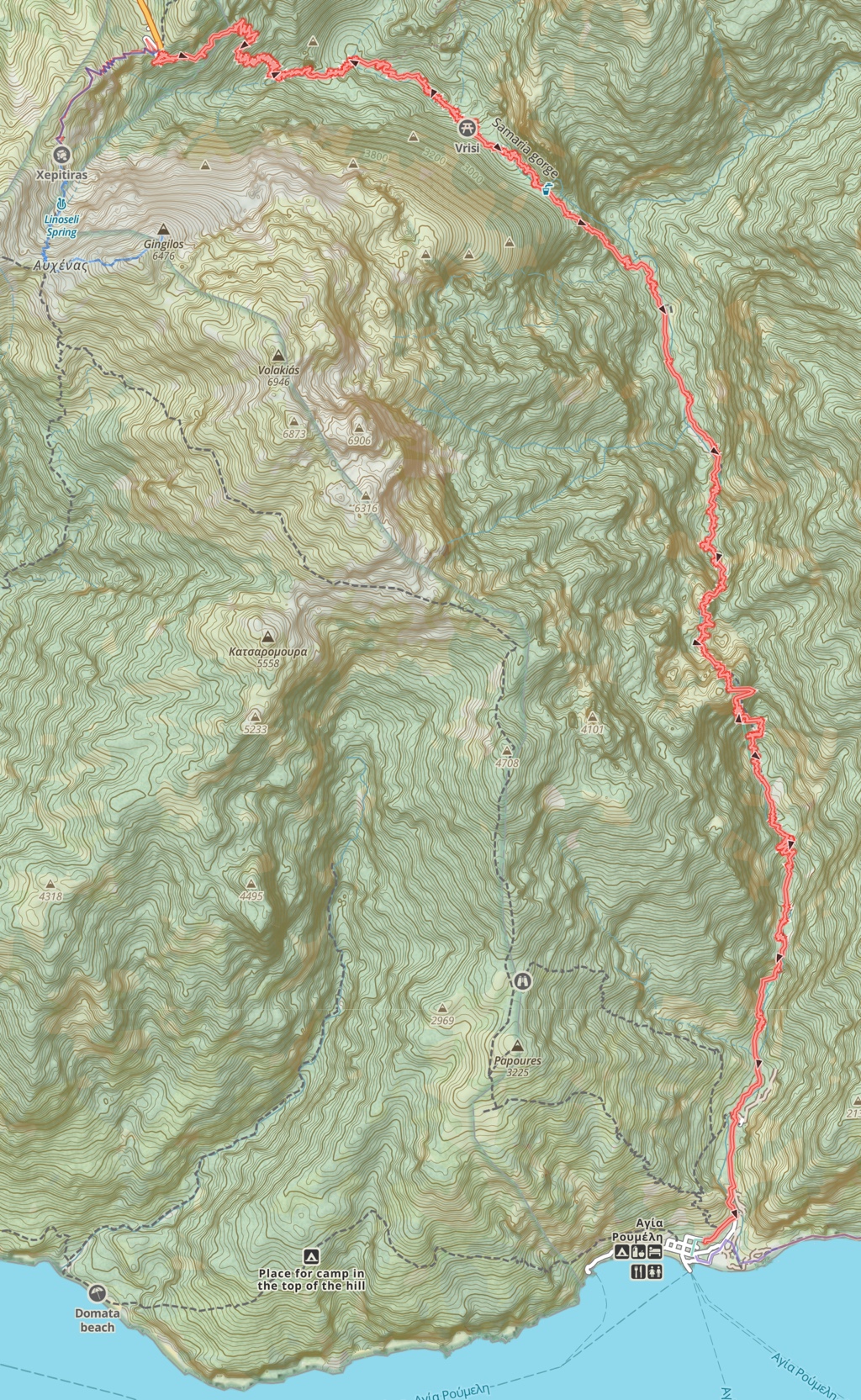 Map of the Samaria Gorge hike. You can see the Giglios trail (what we did of it) at the upper-left.