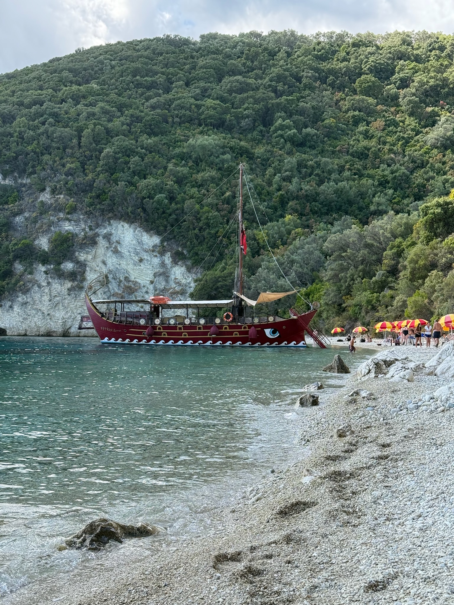 The Odysseia anchored at our private beach at lunchtime.