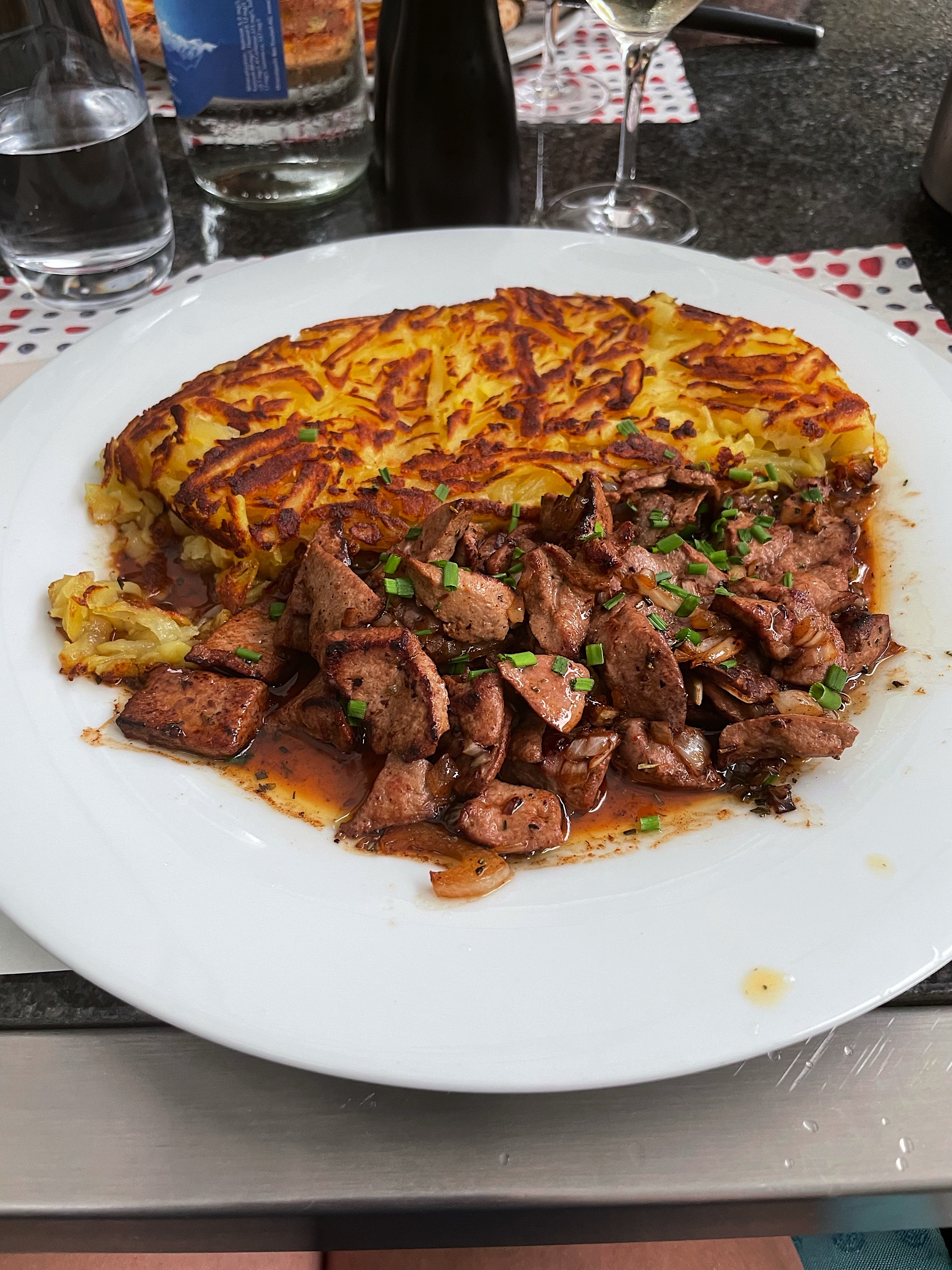 I had Kalbsleber mit Rösti. Liver is a great source of iron, important for building respiratory capacity to handle higher altitude!