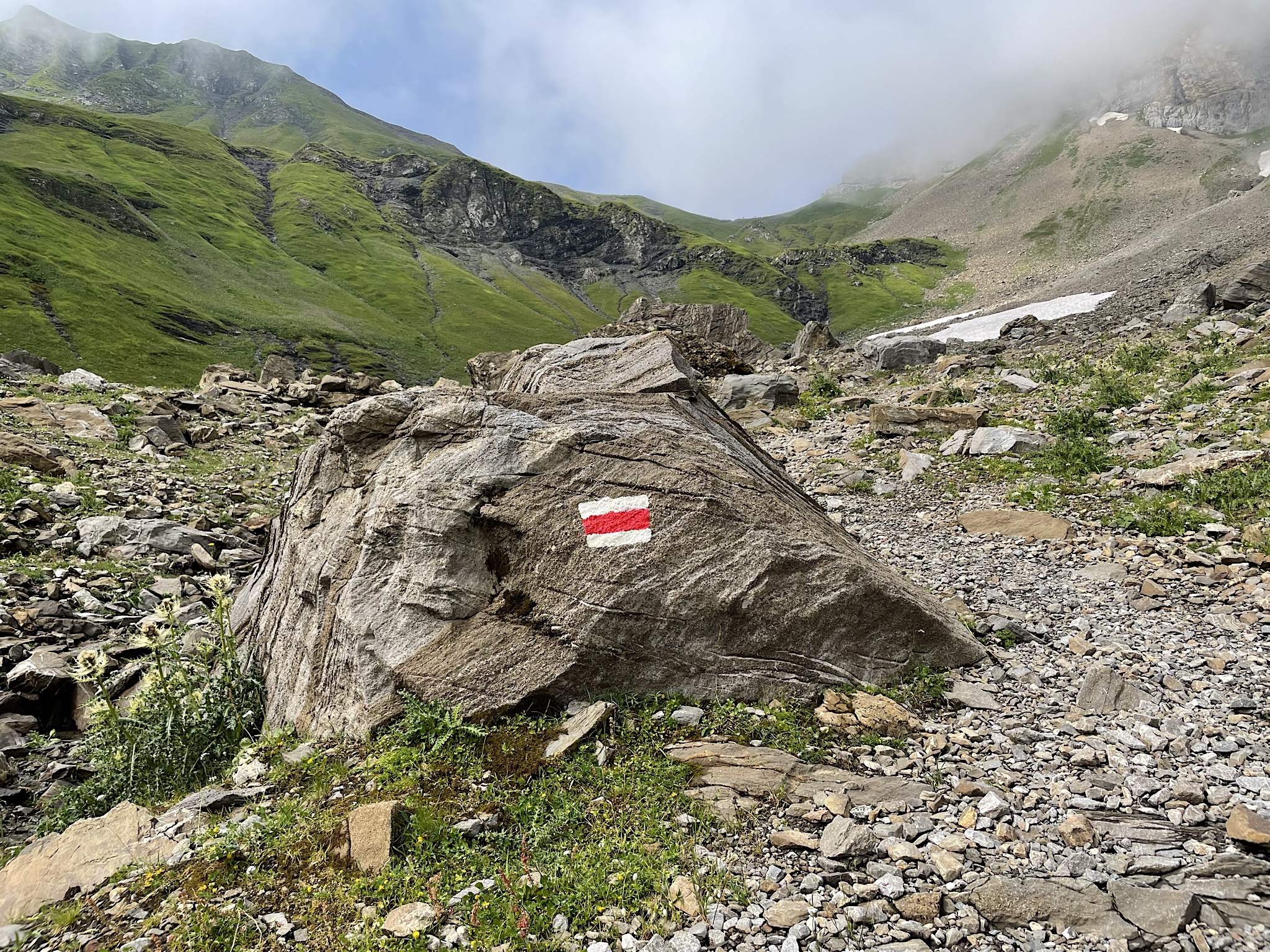 The Via Alpina’s white and red blaze.