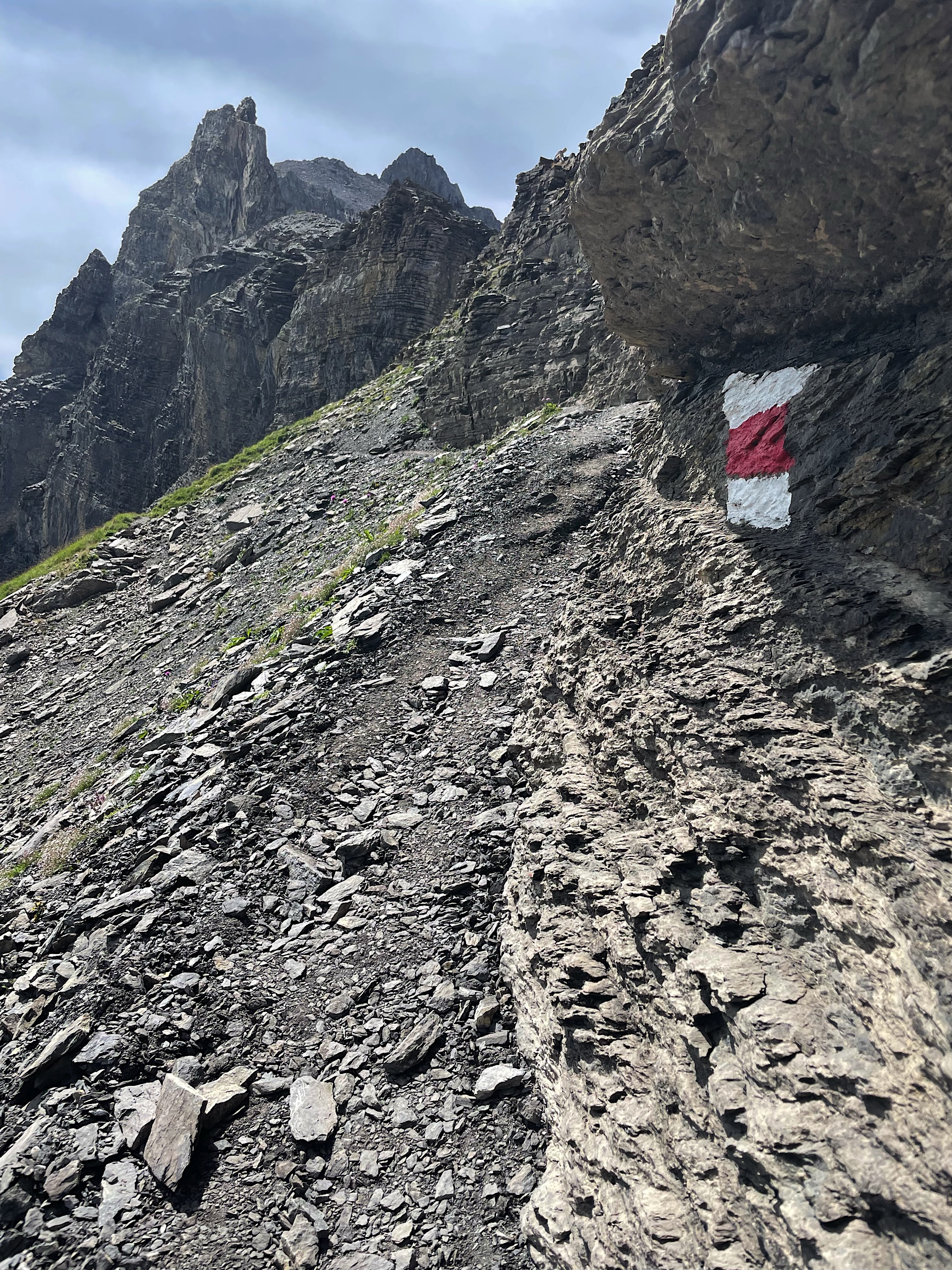 This blaze says we’re still on target. This bit involved some skirting of rock faces. Our route cards advised caution, observing that “a slip would be hard to stop.