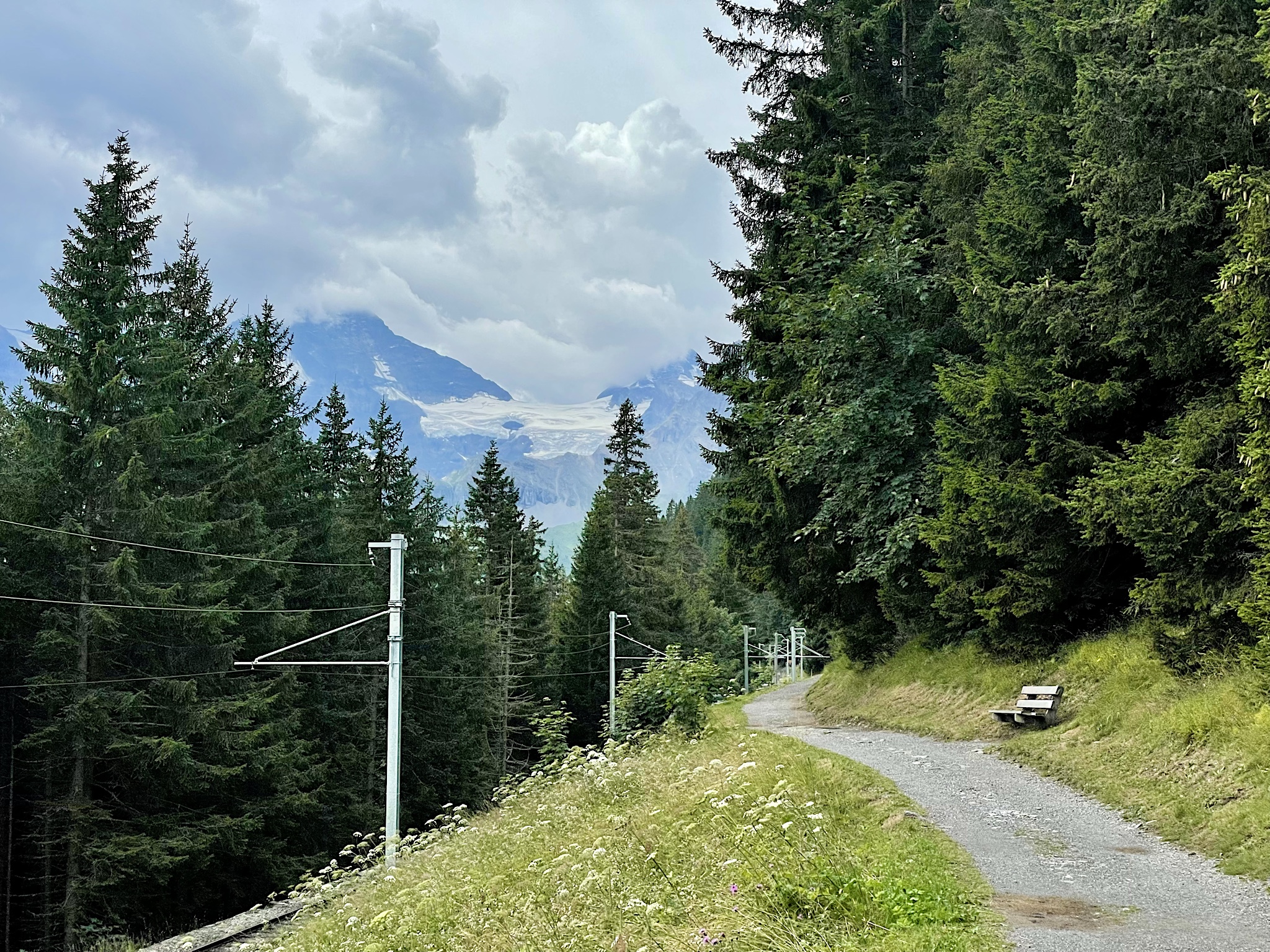 A little railroad runs right next to this trail. Tourists who don’t want to walk can ride into Mürren along with suitcases that are being transferred.