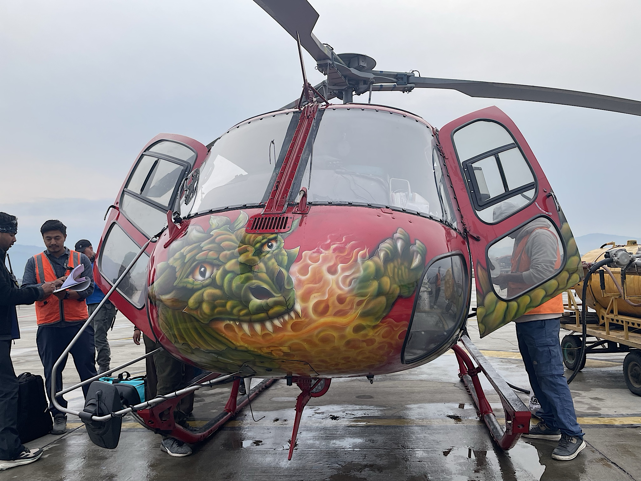 We flew in a helicopter painted like a dragon!