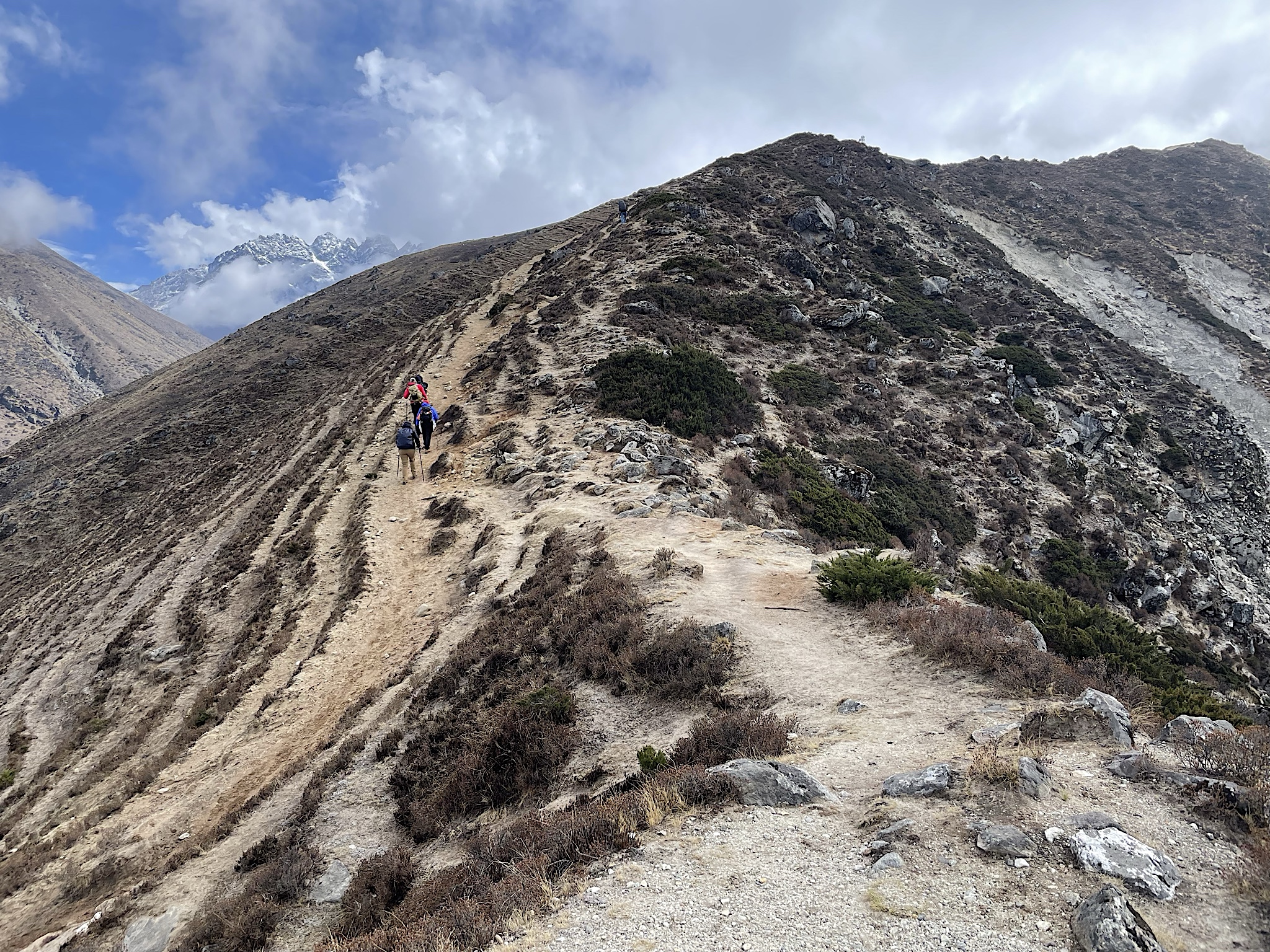 Lots of groups of hikers do this trail as an acclimatization hike for Everest Base Camp. This group is heading to a great view!