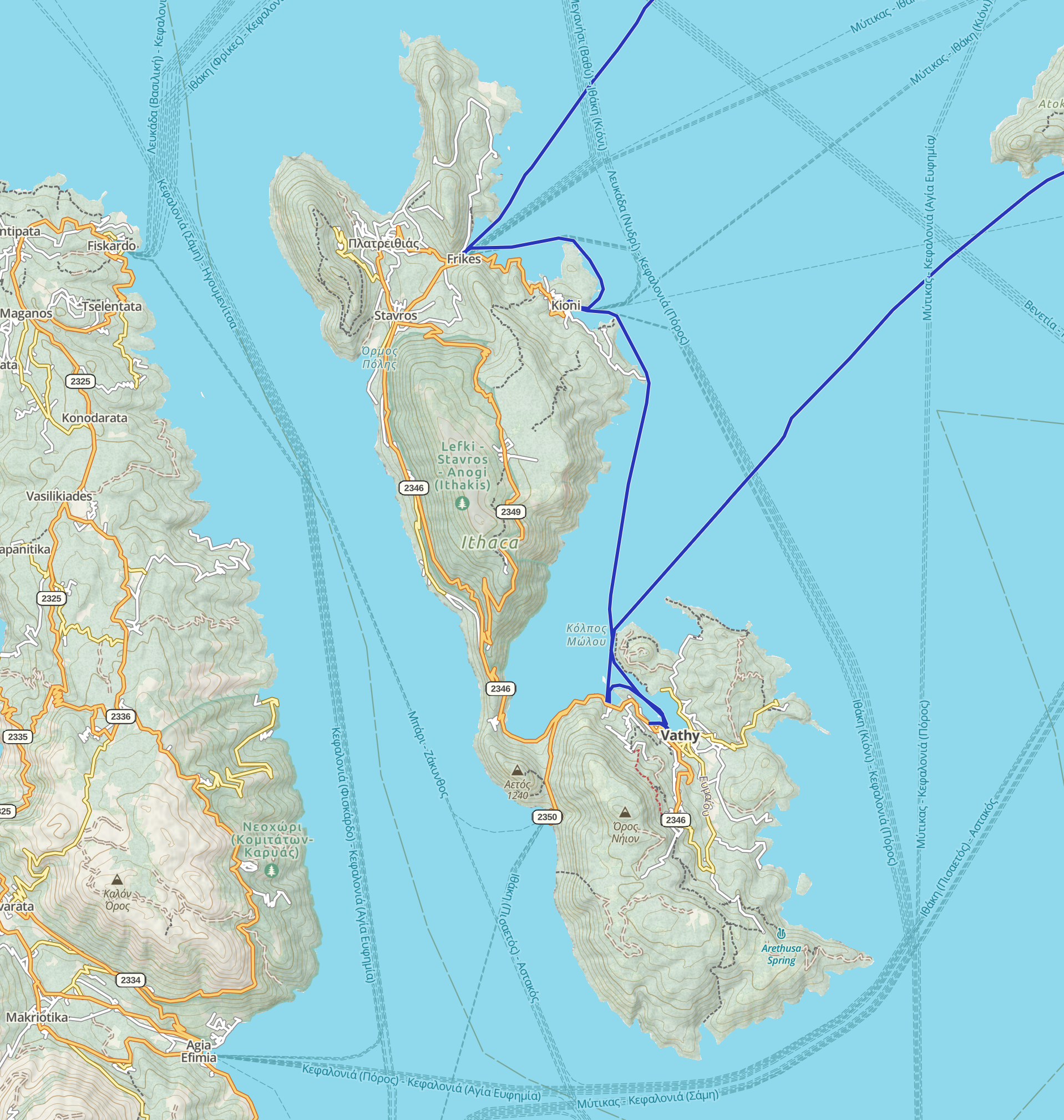 Topographical map of the island now called “Ithaka”. Highest peak: 2,654 ft.