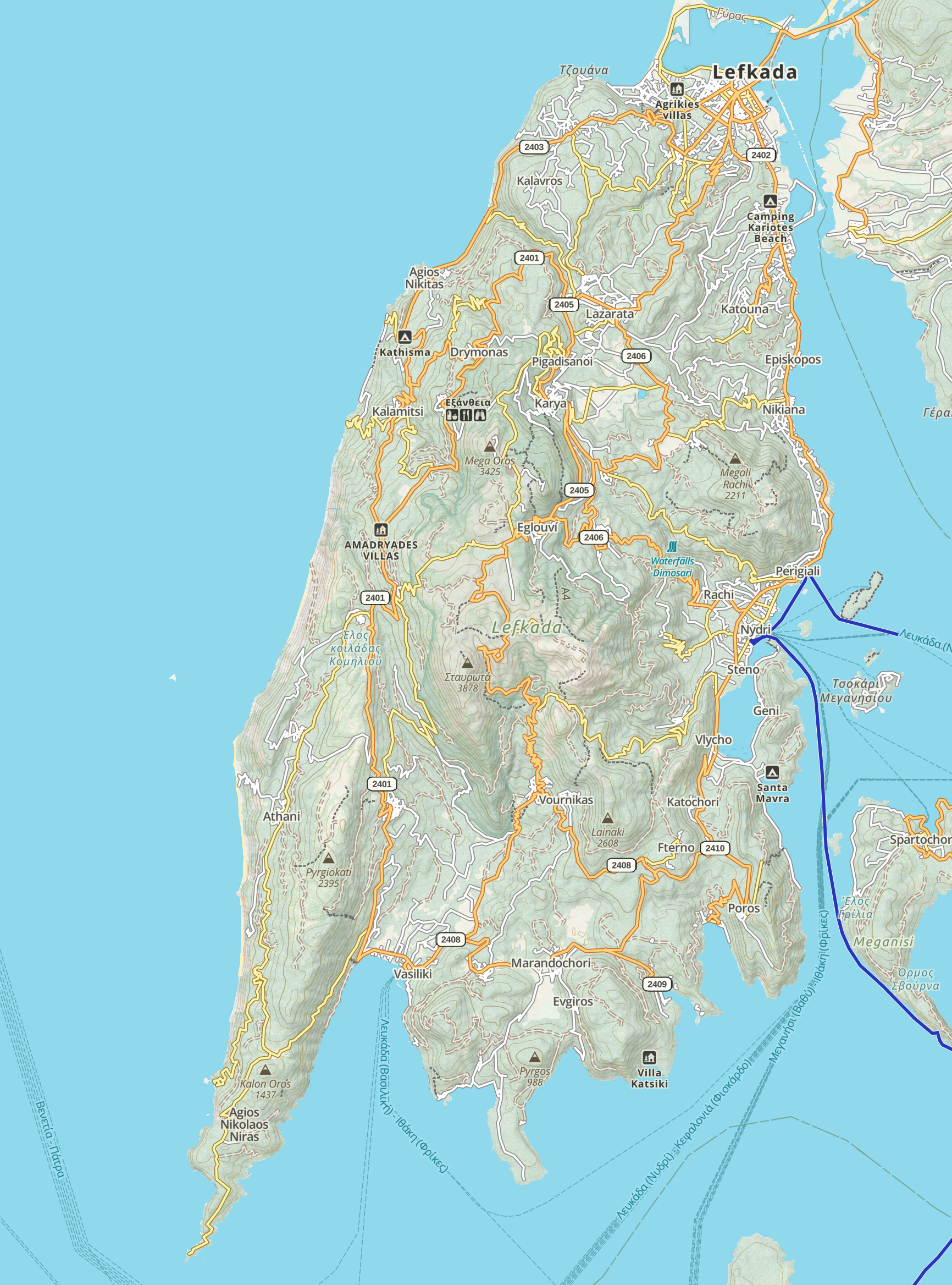 Topographical map of Lefkada. Highest peak: 3,878 ft.